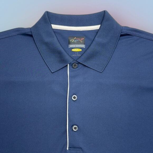 GREG NORMAN GOLF Men’s Large Navy Blue SHARK Polo Shirt - Picture 1 of 3